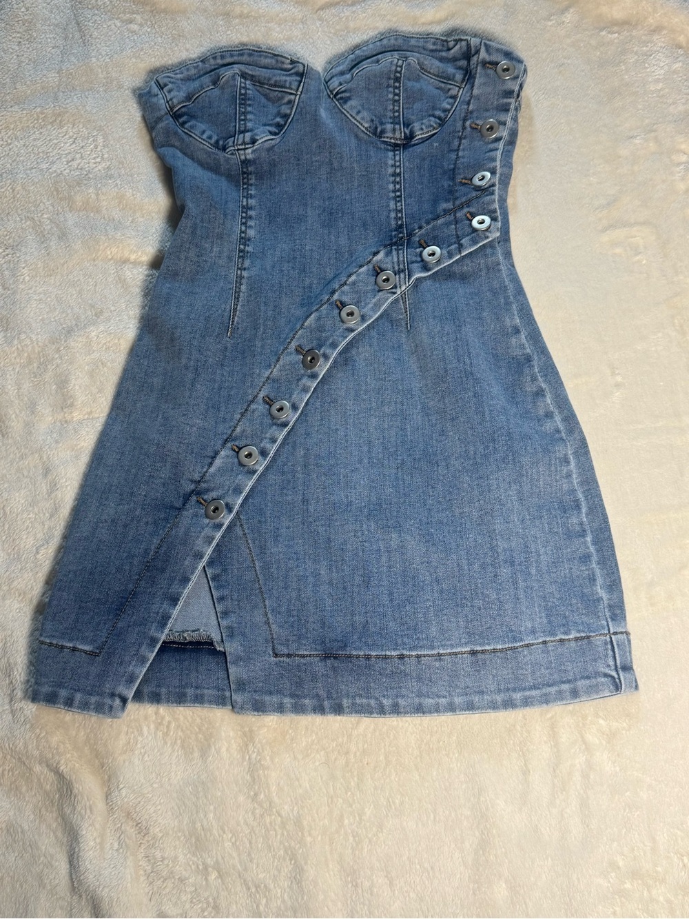 Kittenish Asymmetrical Button Strapless Denim Bustier Mini Dress Medium
